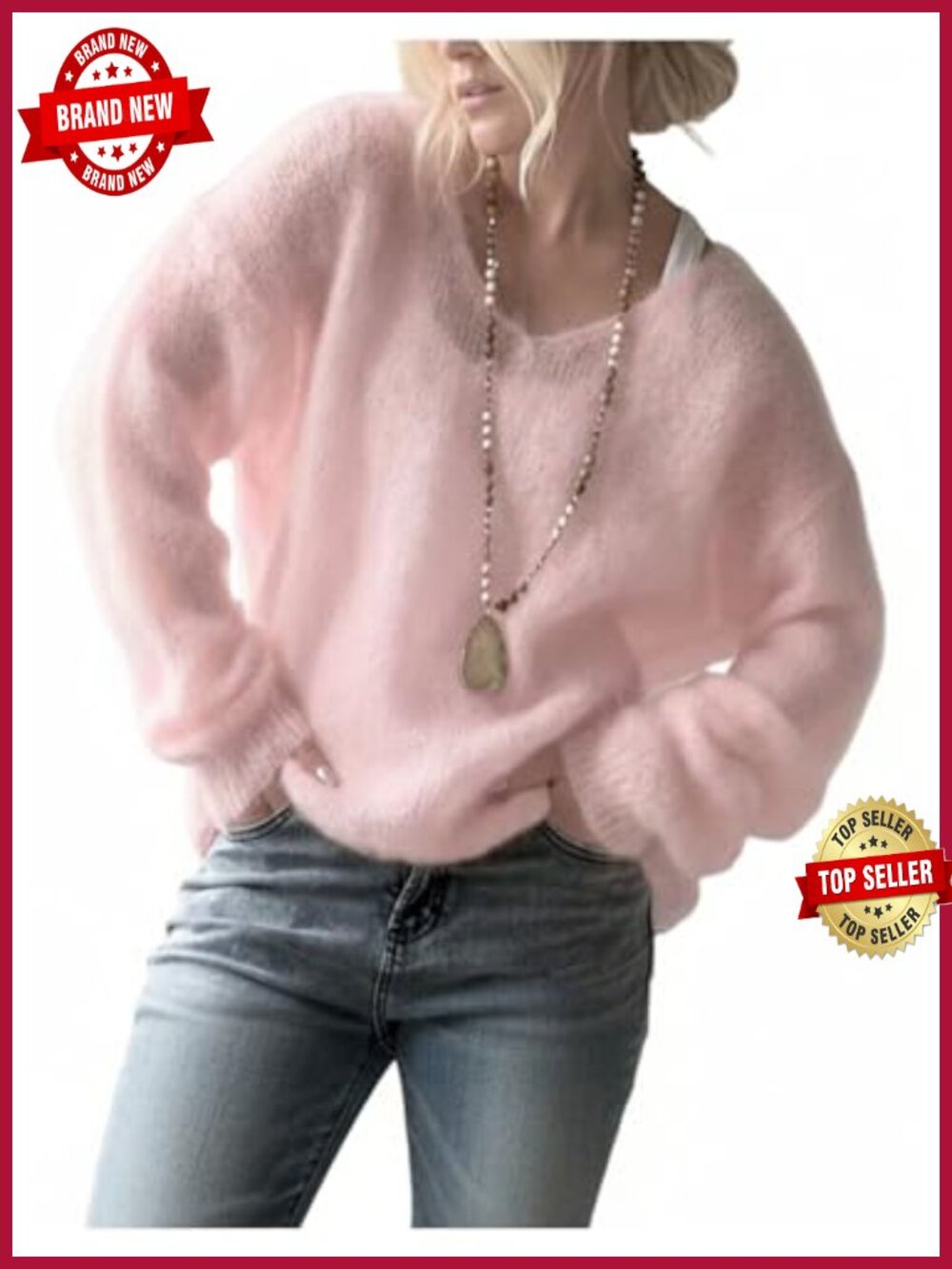 Women's V Neck Long Sleeve Knit Pullover Sweater Cozy Soft Stretch Top